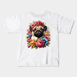 A pug decorated with beautiful colorful flowers. Kids T-Shirt